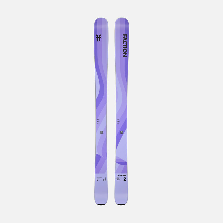 Topsheet of Faction Dancer 2, purple all-mountain ski on a grey background.