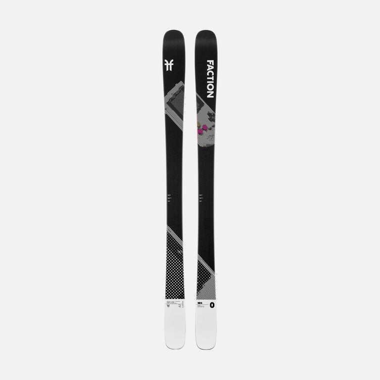 Topsheet of Faction Prodigy 0, black and white all-mountain ski on a grey background.